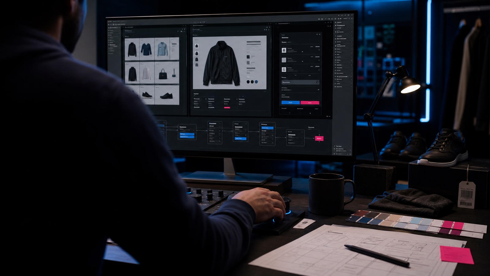 E-commerce storefront and checkout experience being refined in a design studio