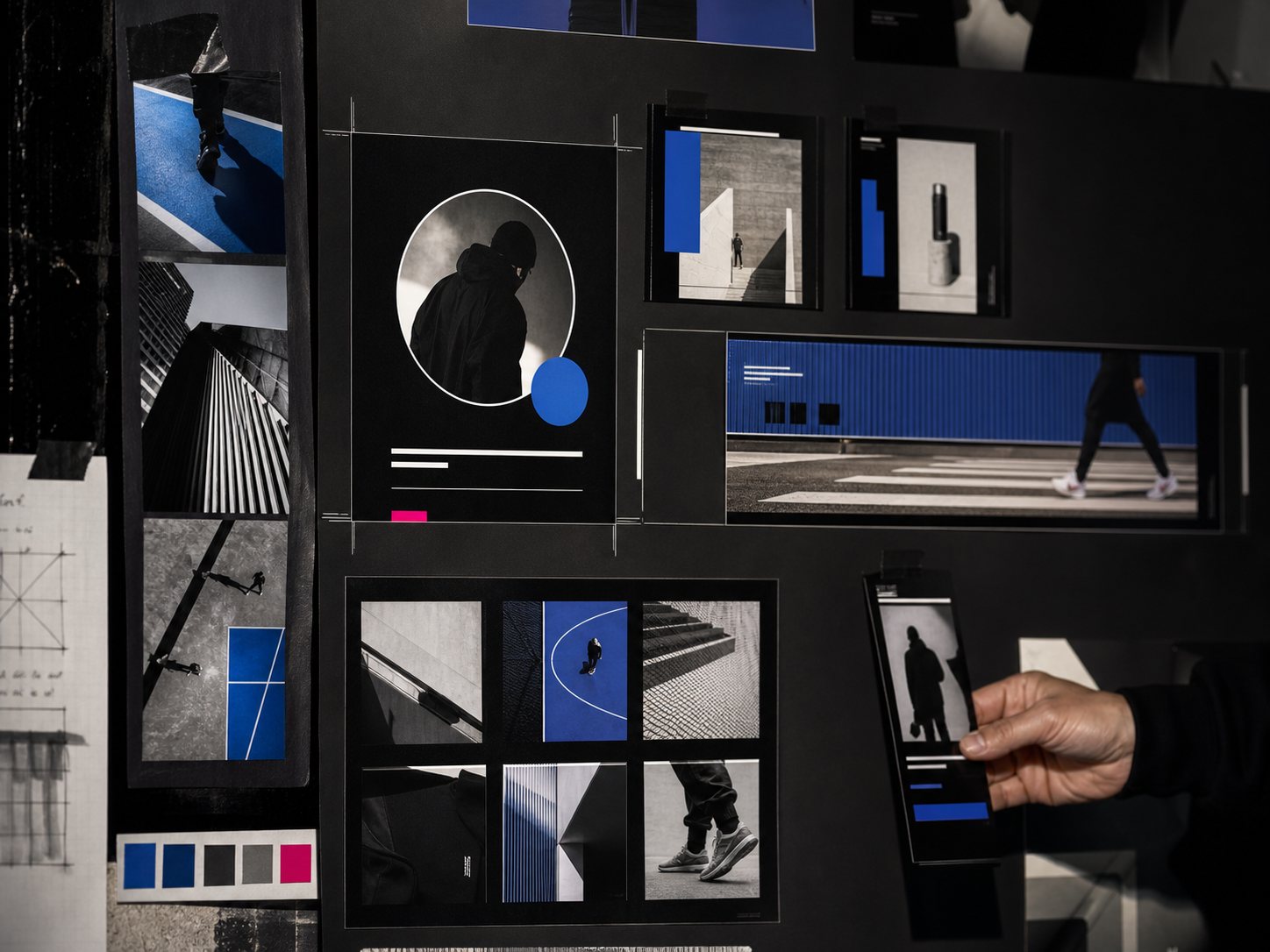 A brand system board of layouts, colour swatches and photography laid out for review