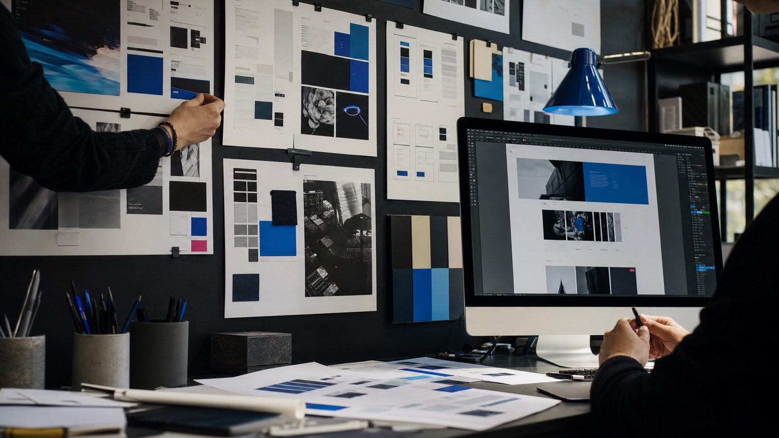 Custom website layouts and typography being developed in a design studio